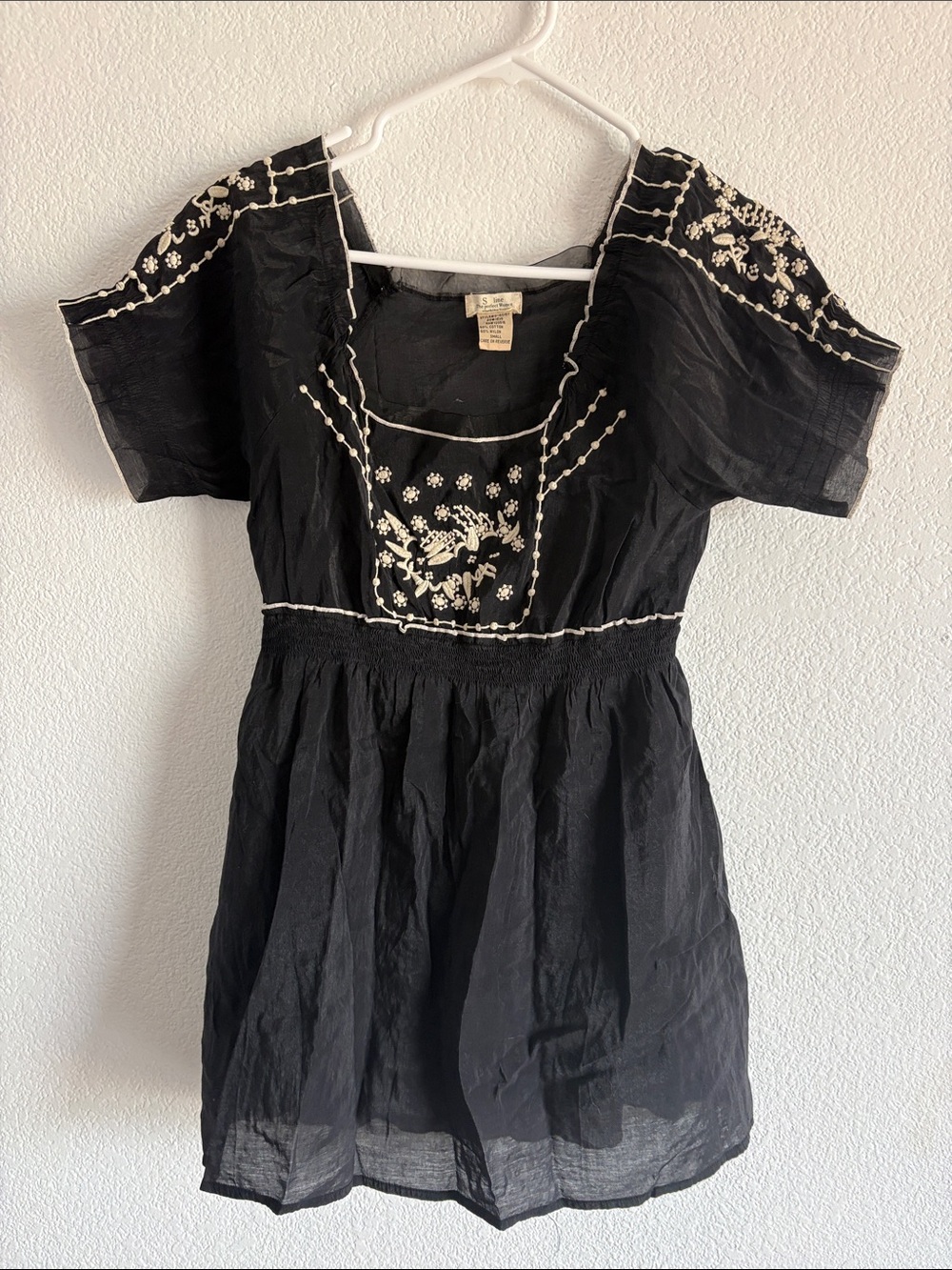 Embroidered Black Cotton Square-Neck Dress